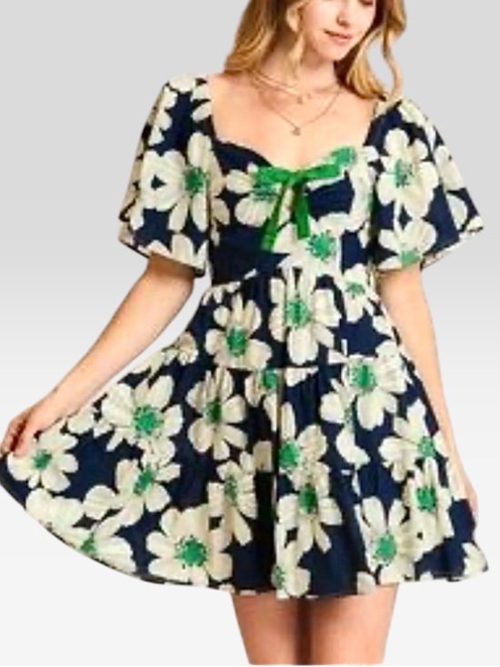 Umgee Dresses & Skirts - Umgee Navy Floral Green Ribbon Boho Smocked Short Puff Sleeve Mini Dress Size S